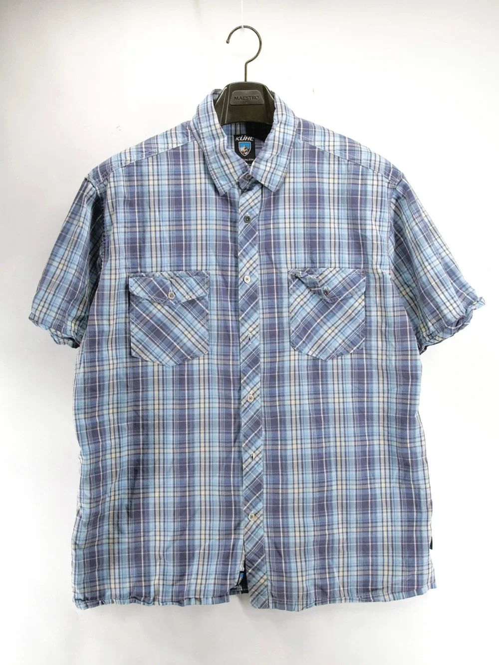 Kuhl Shirt Mens XL Suncel Blue Gray Plaid Button Up Short Sleeve Hiking Outdoors